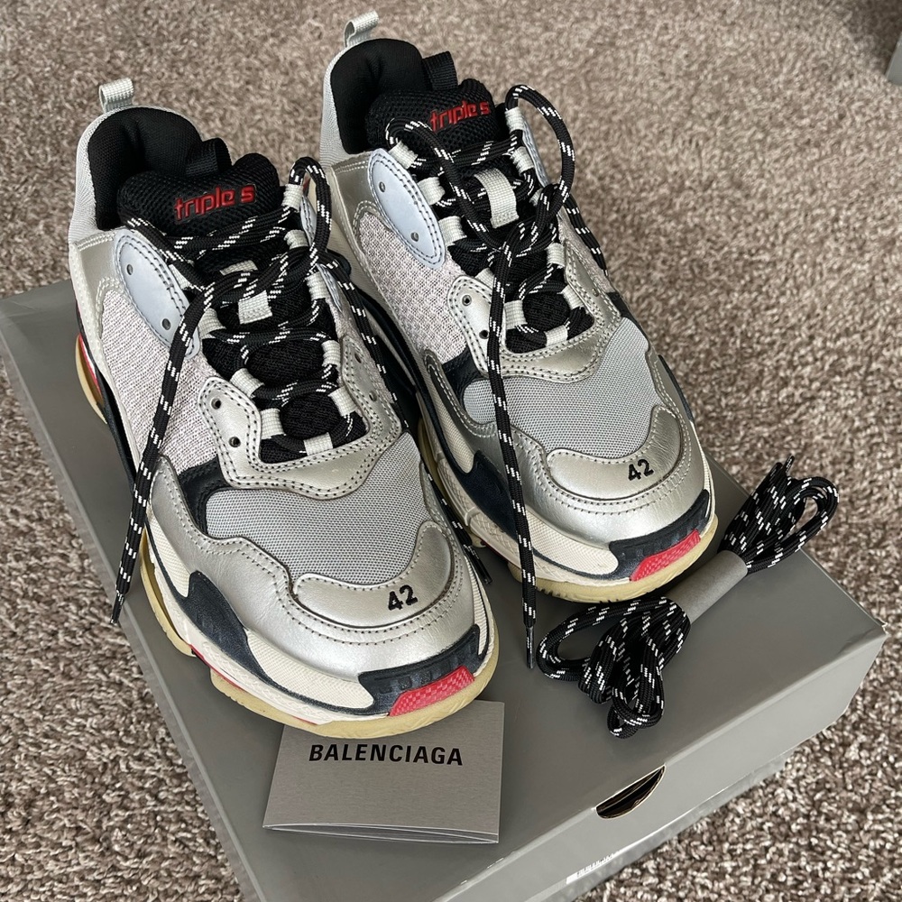 Balenciaga Triple S, size 42, men, white with silver and red. Worn 2 times.